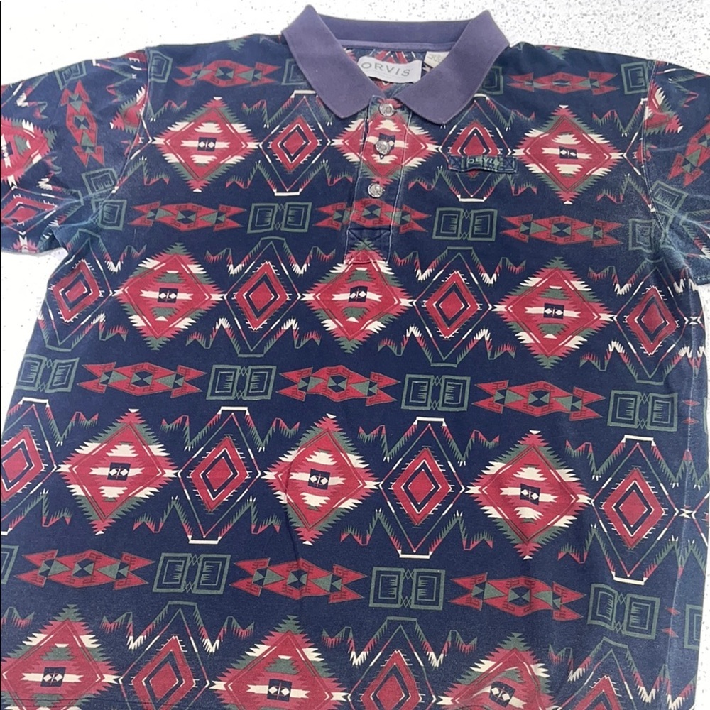 Orvis Polo Shirt Red and Blue Geometric Design